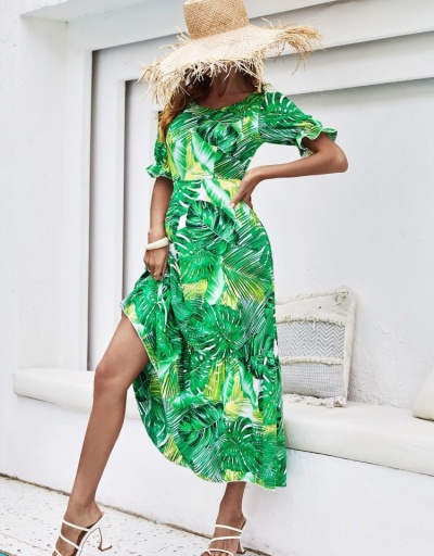 Replica  Green Printed Short Sleeve Women's Midi Dress Short Sleeve Crew Neck #796011 $31.56 USD for Wholesale