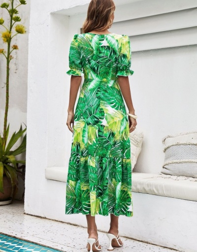 Replica  Green Printed Short Sleeve Women's Midi Dress Short Sleeve Crew Neck #796011 $31.56 USD for Wholesale