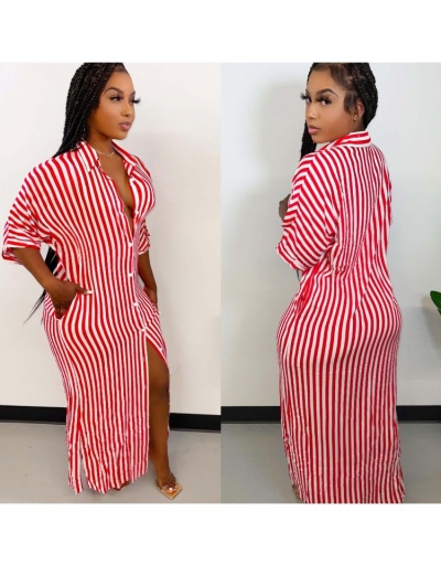 Replica  Women's Casual Striped Half Sleeve Maxi Dress Half Sleeve Turndown Collar #796029 $31.56 USD for Wholesale