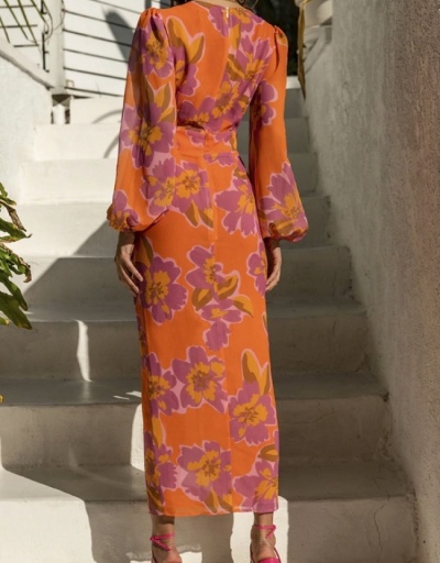 Replica Vintage Fall V Neck Lantern Sleeve Slit Maxi Dress Long Sleeve V Neck #796050 $37.42 USD for Wholesale