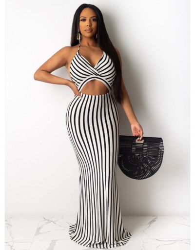 Open Back Striped  Sleeveless Maxi Dresses For Women Sleeveless Halter,V Neck #796051 $26.53 USD, Wholesale Fashion Maxi Dresses