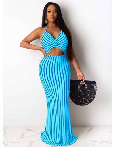 Replica Open Back Striped  Sleeveless Maxi Dresses For Women Sleeveless Halter,V Neck #796051 $26.53 USD for Wholesale