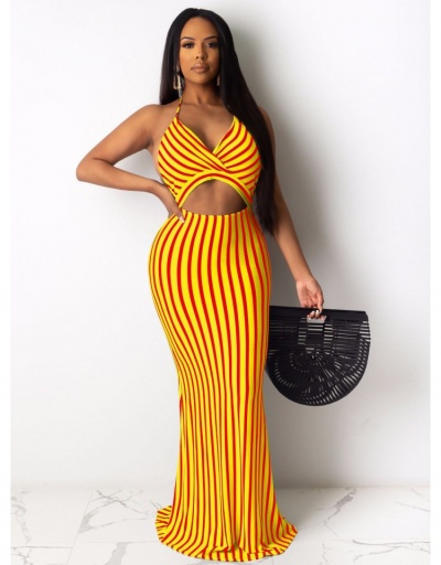 Replica Open Back Striped  Sleeveless Maxi Dresses For Women Sleeveless Halter,V Neck #796051 $26.53 USD for Wholesale