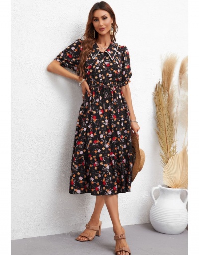 Vacation Floral Puff Sleeve Maxi Dress Short Sleeve Turndown Collar #796054 $31.53 USD, Wholesale Fashion Maxi Dresses