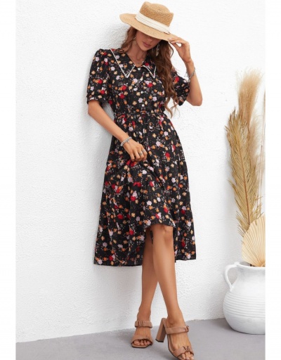 Replica Vacation Floral Puff Sleeve Maxi Dress Short Sleeve Turndown Collar #796054 $31.53 USD for Wholesale