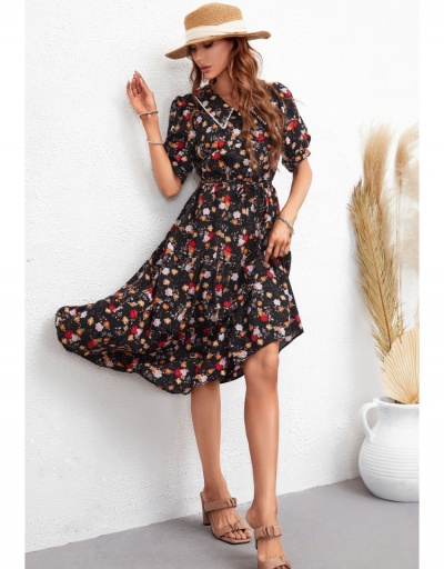 Replica Vacation Floral Puff Sleeve Maxi Dress Short Sleeve Turndown Collar #796054 $31.53 USD for Wholesale