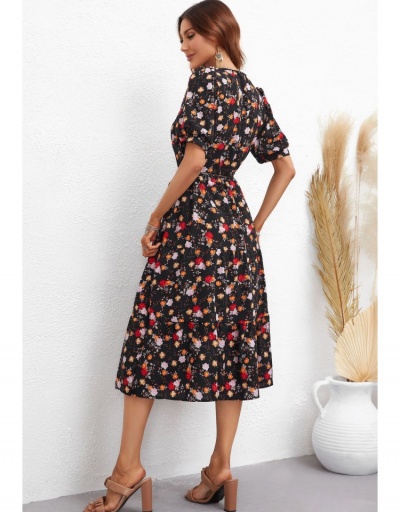 Replica Vacation Floral Puff Sleeve Maxi Dress Short Sleeve Turndown Collar #796054 $31.53 USD for Wholesale