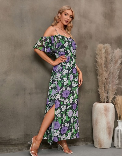 Replica  Split Hem Flower Printing Long Dress For Women Short Sleeve #796063 $29.25 USD for Wholesale