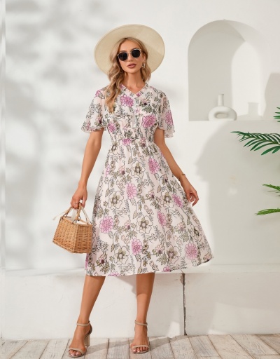  Summer Fashion Flower Printing Women's Mid-length Dress Short Sleeve V Neck #796064 $31.59 USD, Wholesale Fashion Maxi Dresses