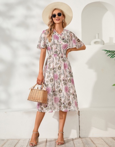 Replica  Summer Fashion Flower Printing Women's Mid-length Dress Short Sleeve V Neck #796064 $31.59 USD for Wholesale