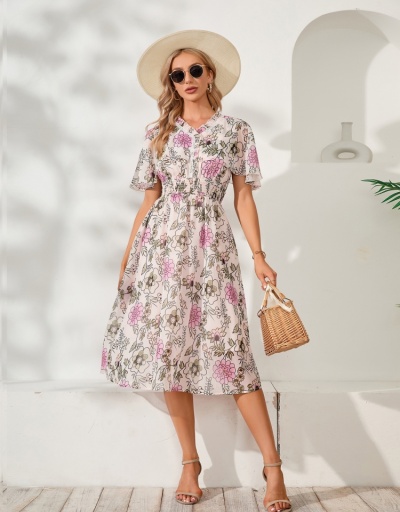 Replica  Summer Fashion Flower Printing Women's Mid-length Dress Short Sleeve V Neck #796064 $31.59 USD for Wholesale