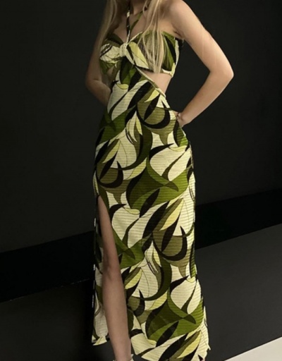 Replica Designer Ladies Printed Slit Cut Out Sleeveless Maxi Dress Sleeveless Halter #796065 $21.17 USD for Wholesale