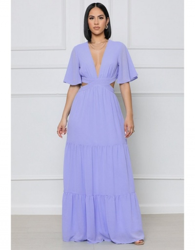  Pure Color Hollowed Out Chiffon Maxi Dress Short Sleeve V Neck #796068 $38.32 USD, Wholesale Fashion Maxi Dresses