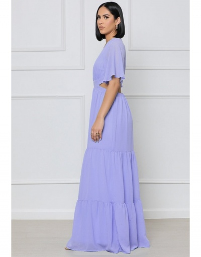 Replica  Pure Color Hollowed Out Chiffon Maxi Dress Short Sleeve V Neck #796068 $38.32 USD for Wholesale