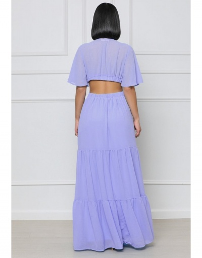 Replica  Pure Color Hollowed Out Chiffon Maxi Dress Short Sleeve V Neck #796068 $38.32 USD for Wholesale