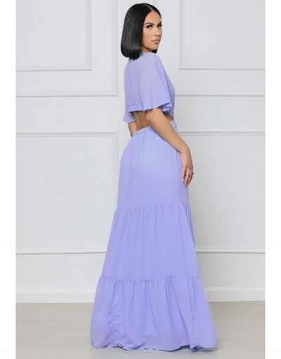 Replica  Pure Color Hollowed Out Chiffon Maxi Dress Short Sleeve V Neck #796068 $38.32 USD for Wholesale