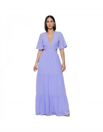 Replica  Pure Color Hollowed Out Chiffon Maxi Dress Short Sleeve V Neck #796068 $38.32 USD for Wholesale