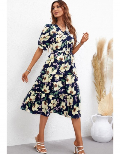 Summer Flower Printing Short Sleeve Women's Dress Half Sleeve V Neck #796086 $29.28 USD, Wholesale Fashion Maxi Dresses