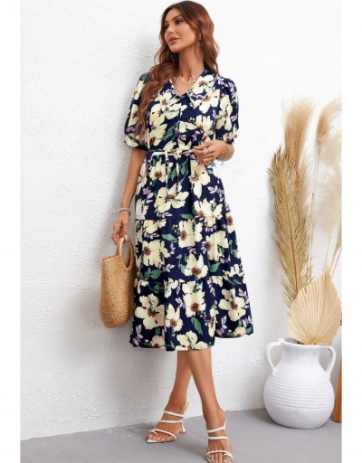 Replica Summer Flower Printing Short Sleeve Women's Dress Half Sleeve V Neck #796086 $29.28 USD for Wholesale