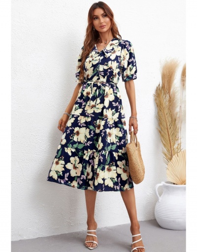 Replica Summer Flower Printing Short Sleeve Women's Dress Half Sleeve V Neck #796086 $29.28 USD for Wholesale