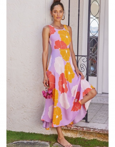 Replica  Summer Beach Style Flower Printed Long Dress Sleeveless Crew Neck #796092 $28.53 USD for Wholesale