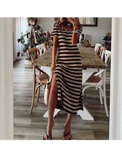 Replica Casual Striped Slit Midi Dress For Women Short Sleeve V Neck #796106 $24.25 USD for Wholesale