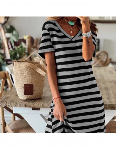 Replica Casual Striped Slit Midi Dress For Women Short Sleeve V Neck #796106 $24.25 USD for Wholesale