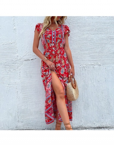  Summer Fashion V-Neck Split Hem Printing Women's Dress Short Sleeve V Neck #796107 $33.35 USD, Wholesale Fashion Maxi Dresses