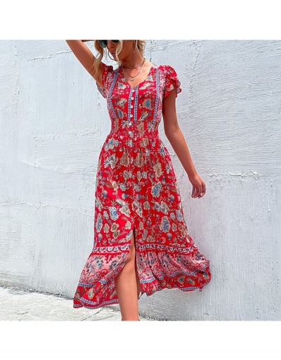 Replica  Summer Fashion V-Neck Split Hem Printing Women's Dress Short Sleeve V Neck #796107 $33.35 USD for Wholesale