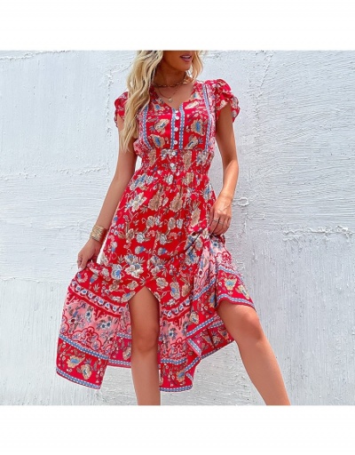 Replica  Summer Fashion V-Neck Split Hem Printing Women's Dress Short Sleeve V Neck #796107 $33.35 USD for Wholesale