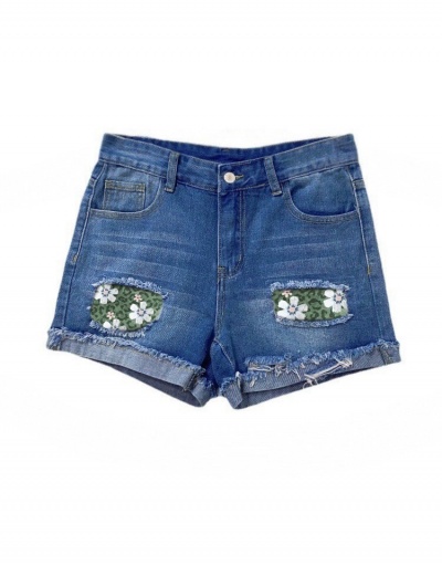 Replica Patchwork Ripped Straight Leg Denim Shorts For Women #796129 $26.81 USD for Wholesale