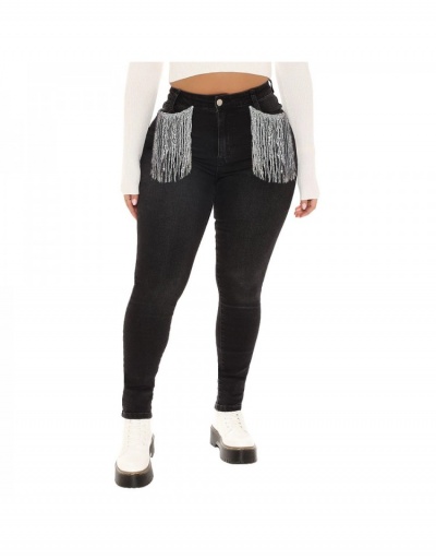 Replica Ladies Black Tassel Patchwork Pencil Jeans #796142 $50.96 USD for Wholesale