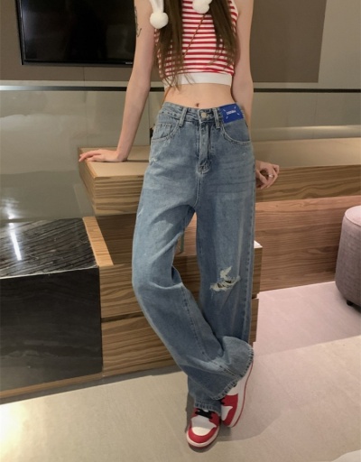 Replica Ladies Ripped Blue High Waist Straight Leg Jeans #796145 $33.91 USD for Wholesale