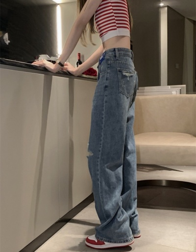 Replica Ladies Ripped Blue High Waist Straight Leg Jeans #796145 $33.91 USD for Wholesale