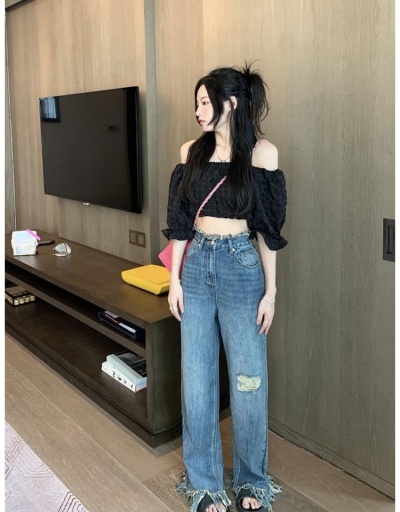  Women's High Waist Ripped Tassels Jeans #796165 $30.35 USD, Wholesale Fashion Jeans