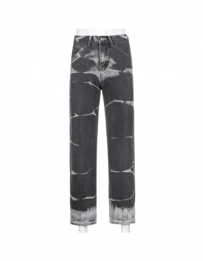 Replica Ladies Stylish Gray Printed Straight Leg Jean Trousers #796189 $30.94 USD for Wholesale