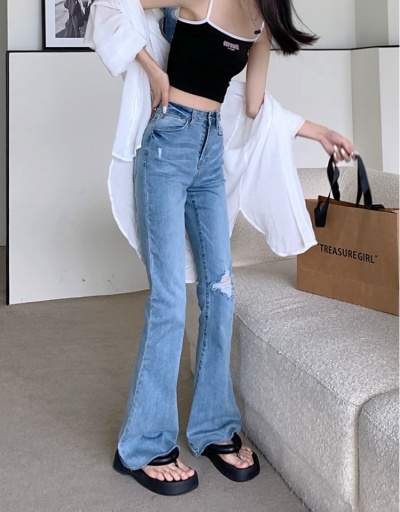 Replica Fashion Pure Color Ripped Women's Versatile Denim Jeans #796206 $34.58 USD for Wholesale