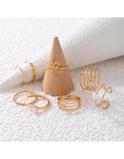 Replica Alloy Golden Faux Pearl Flower Ring Sets For Women #796407 $4.73 USD for Wholesale