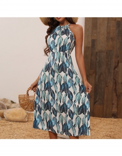 Replica  Fashion Leaf Print Halter Women's Midi Dress Sleeveless Crew Neck #796411 $31.70 USD for Wholesale