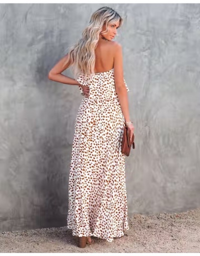 Replica  Summer Printing Ruffled Strapless Slit Maxi Dress Sleeveless Boat Neck #796435 $24.90 USD for Wholesale