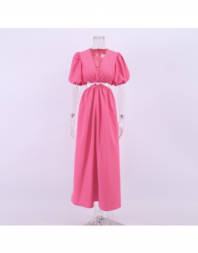 Replica  Puff Sleeve Hollowed Out Pure Color Dress Short Sleeve V Neck #796478 $28.73 USD for Wholesale