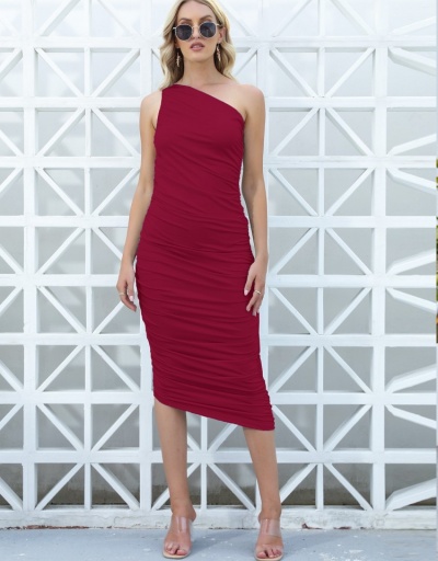 Replica Elegant Pure Color Inclined Shoulder Ruched Dress Sleeveless Inclined Shoulder #796490 $30.42 USD for Wholesale