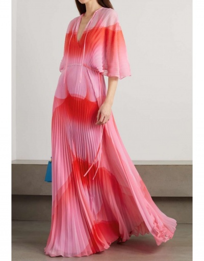 Replica  Summer Printing Pleated Short Sleeve Maxi Dress Half Sleeve V Neck #796499 $37.18 USD for Wholesale