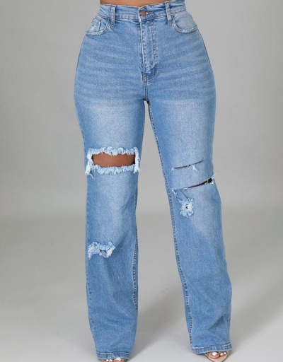 Replica Women Ripped Straight Blue Denim Jean Pants #796520 $26.49 USD for Wholesale