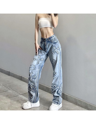 Replica Personality Letter Applique Straight Loose Jeans  #796535 $42.42 USD for Wholesale