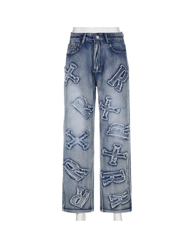 Replica Personality Letter Applique Straight Loose Jeans  #796535 $42.42 USD for Wholesale