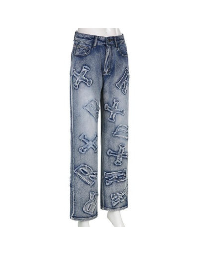 Replica Personality Letter Applique Straight Loose Jeans  #796535 $42.42 USD for Wholesale