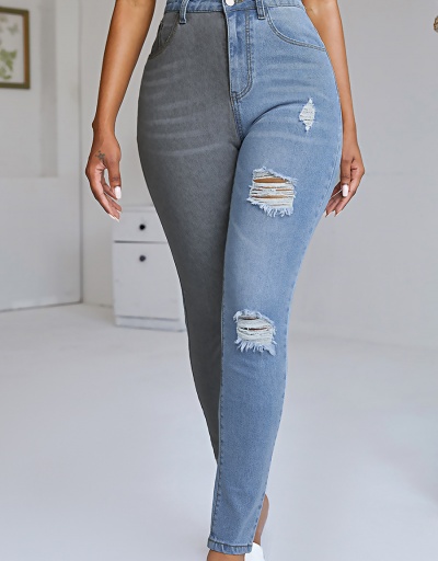 Fashion Contrast Color Hole Denim Jeans  #796565 $31.53 USD, Wholesale Fashion Jeans