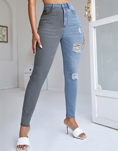 Replica Fashion Contrast Color Hole Denim Jeans  #796565 $31.53 USD for Wholesale