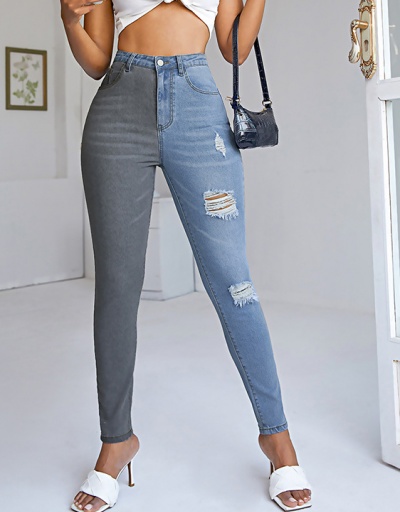 Replica Fashion Contrast Color Hole Denim Jeans  #796565 $31.53 USD for Wholesale